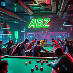 A vibrant billiard hall scene teeming with superheroes engaging in friendly games