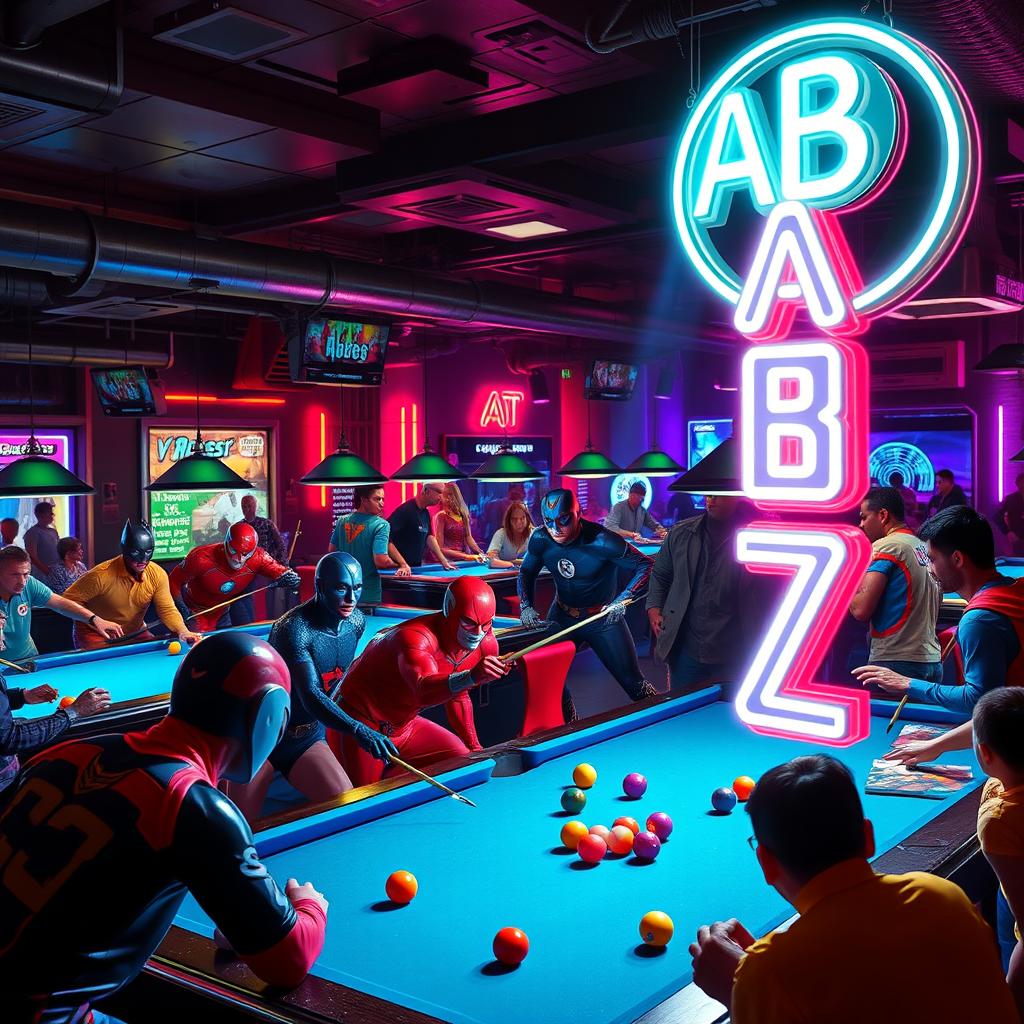 A vibrant billiard hall scene teeming with superheroes engaging in friendly games