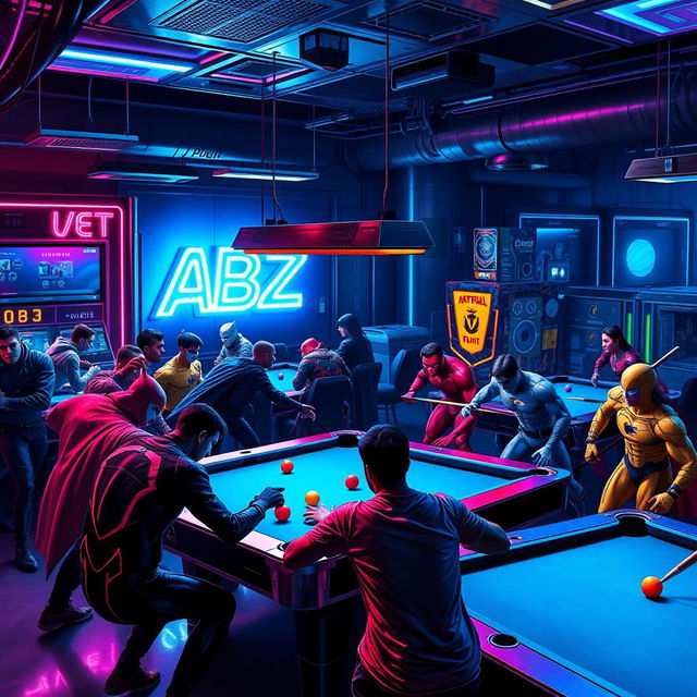 A vibrant billiard hall scene teeming with superheroes engaging in friendly games