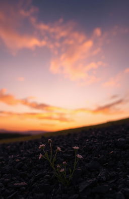 A beautifully rendered image of a serene landscape at dusk, featuring ashes scattered across a gentle hill