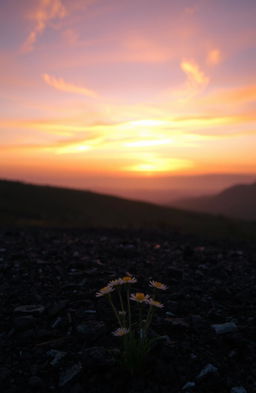 A beautifully rendered image of a serene landscape at dusk, featuring ashes scattered across a gentle hill