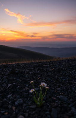 A beautifully rendered image of a serene landscape at dusk, featuring ashes scattered across a gentle hill
