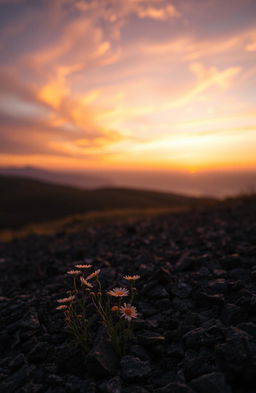 A beautifully rendered image of a serene landscape at dusk, featuring ashes scattered across a gentle hill