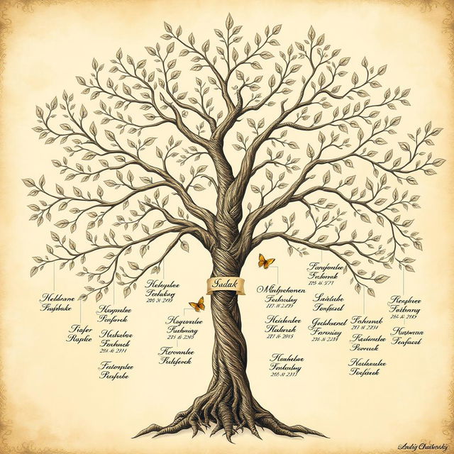 A detailed family tree illustrating the Sudak family lineage, inspired by Andriy Chaikovskyi's prose "For My Sister