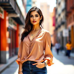 A 35-year-old woman with dark hair and Latin features, dressed stylishly in contemporary fashion