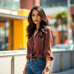 A 35-year-old woman with dark hair and Latin features, dressed stylishly in contemporary fashion