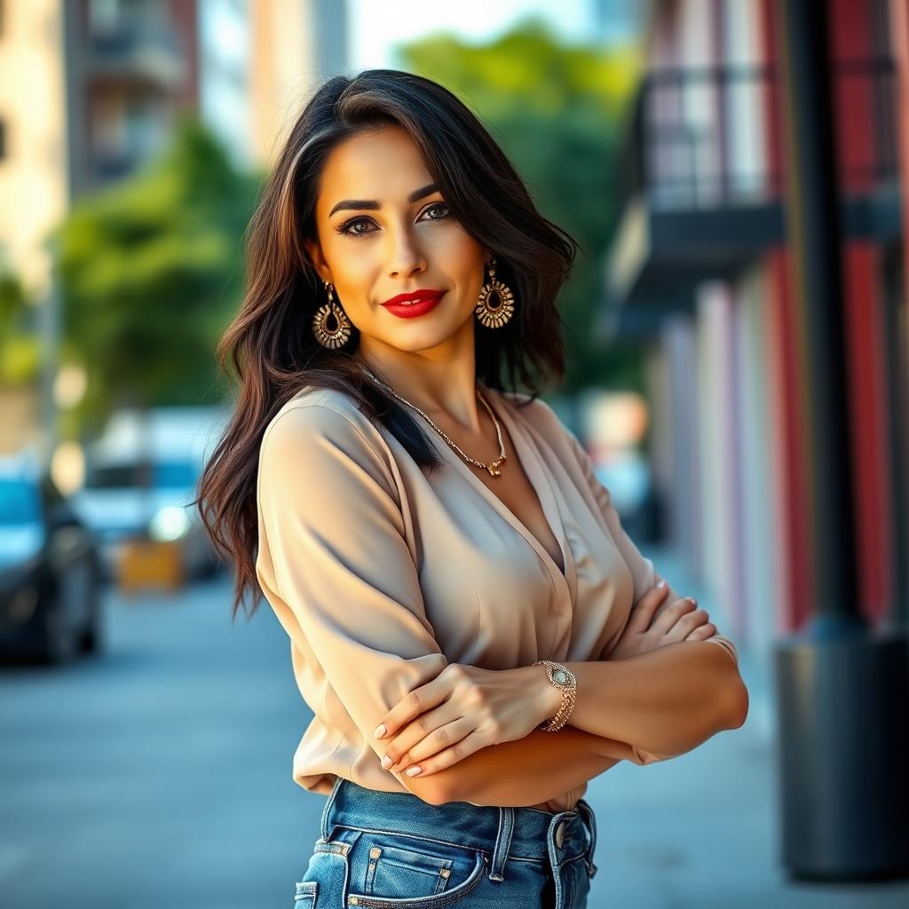 A 35-year-old woman with dark hair and Latin features, dressed stylishly in contemporary fashion