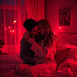 A romantic scene depicting a man and a woman in a cozy bedroom, surrounded by soft red lighting that gives an intimate ambiance