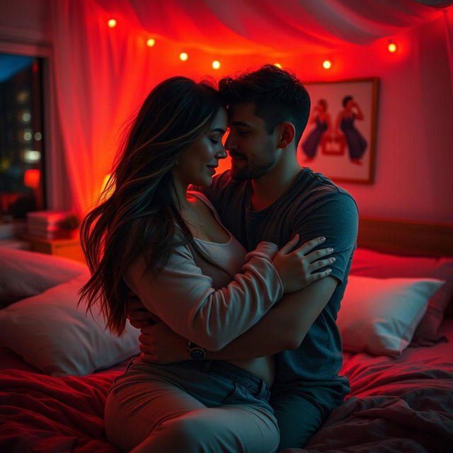 A romantic scene depicting a man and a woman in a cozy bedroom, surrounded by soft red lighting that gives an intimate ambiance