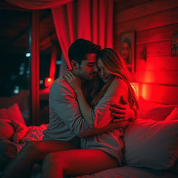 A romantic scene depicting a man and a woman in a cozy bedroom, surrounded by soft red lighting that gives an intimate ambiance