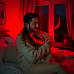 A romantic scene depicting a man and a woman in a cozy bedroom, surrounded by soft red lighting that gives an intimate ambiance