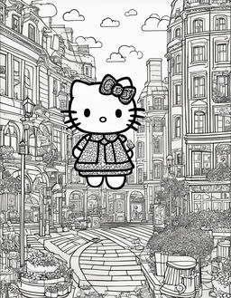 Black and white colouring book page featuring Hello Kitty in a whimsical London scene.