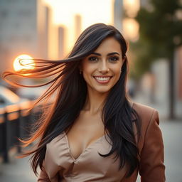 a portrait of a confident 35-year-old woman with striking features, long flowing dark hair, and a warm smile, wearing a stylish, elegant outfit, standing in an urban environment with a soft sunset in the background, showcasing her beauty and strength, with a light breeze gently moving her hair