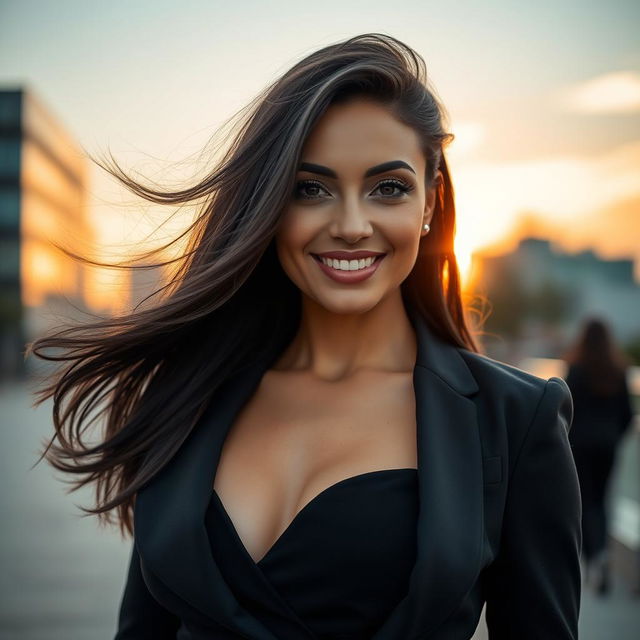 a portrait of a confident 35-year-old woman with striking features, long flowing dark hair, and a warm smile, wearing a stylish, elegant outfit, standing in an urban environment with a soft sunset in the background, showcasing her beauty and strength, with a light breeze gently moving her hair