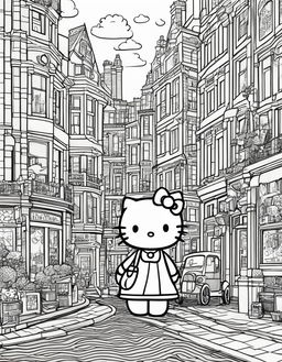 Black and white colouring book page featuring Hello Kitty in a whimsical London scene.