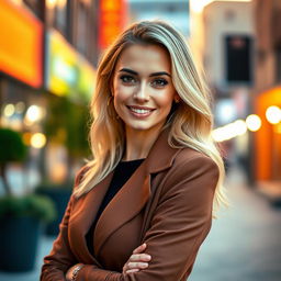 a portrait of a confident 35-year-old woman with beautiful brown eyes and striking blonde hair, elegantly styled, wearing a chic outfit that complements her figure, set against a vibrant urban backdrop during golden hour, radiating warmth and charm with a soft smile on her face