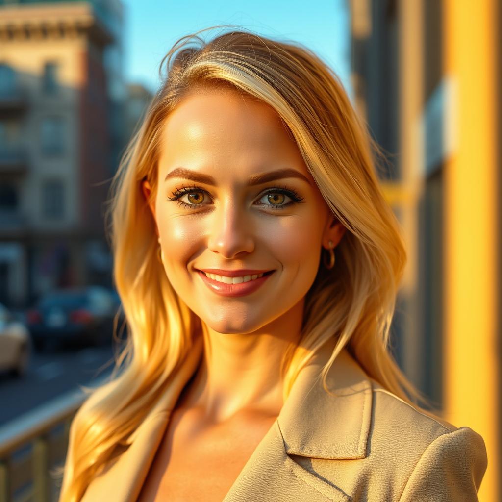 a portrait of a confident 35-year-old woman with beautiful brown eyes and striking blonde hair, elegantly styled, wearing a chic outfit that complements her figure, set against a vibrant urban backdrop during golden hour, radiating warmth and charm with a soft smile on her face