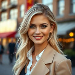 a portrait of a confident 35-year-old woman with beautiful brown eyes and striking blonde hair, elegantly styled, wearing a chic outfit that complements her figure, set against a vibrant urban backdrop during golden hour, radiating warmth and charm with a soft smile on her face