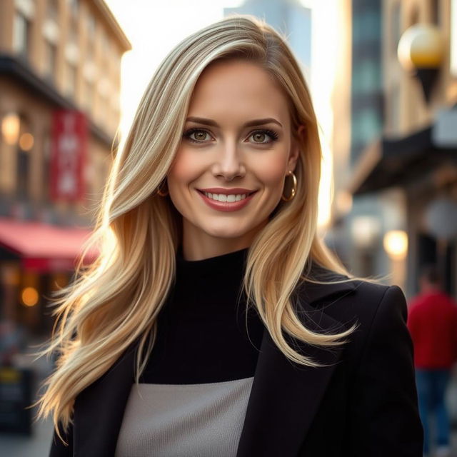 a portrait of a confident 35-year-old woman with beautiful brown eyes and striking blonde hair, elegantly styled, wearing a chic outfit that complements her figure, set against a vibrant urban backdrop during golden hour, radiating warmth and charm with a soft smile on her face