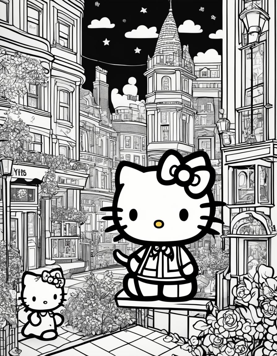 Black and white colouring book page featuring Hello Kitty in a whimsical London scene.