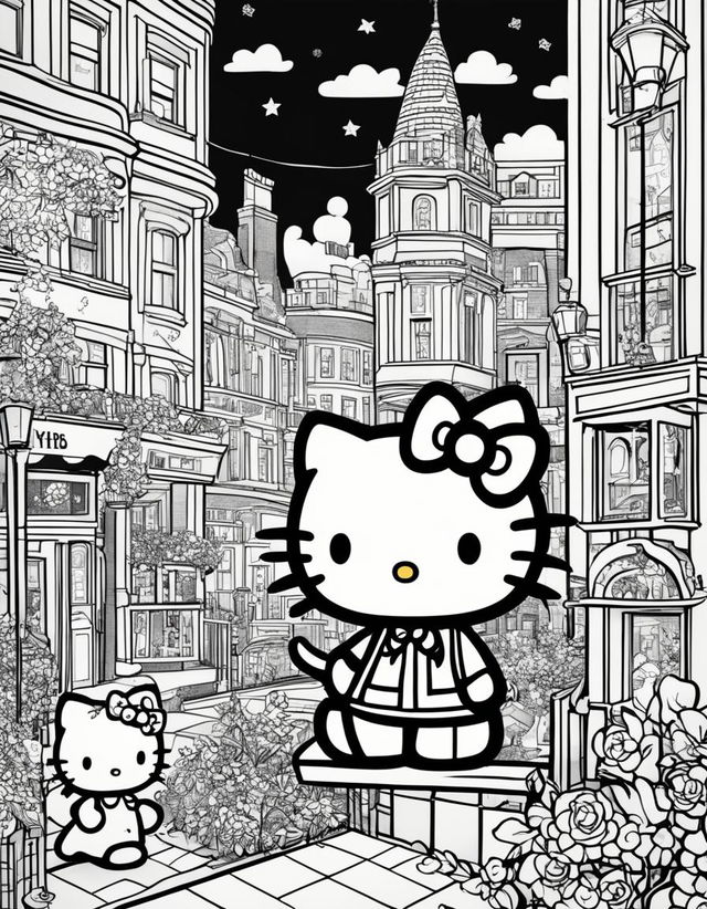 Black and white colouring book page featuring Hello Kitty in a whimsical London scene.