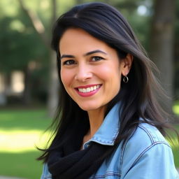 A 40-year-old Latin woman with dark hair, wearing casual, fashionable clothing