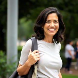 A 40-year-old Latin woman with dark hair, wearing casual, fashionable clothing