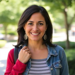 A 40-year-old Latin woman with dark hair, wearing casual, fashionable clothing