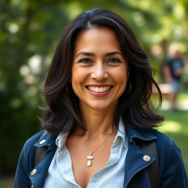 A 40-year-old Latin woman with dark hair, wearing casual, fashionable clothing