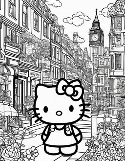 Black and white colouring book page featuring Hello Kitty in a whimsical London scene.