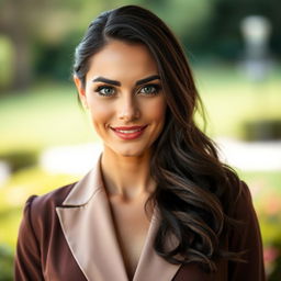 a striking portrait of a 38-year-old woman with captivating light eyes and long, wavy dark hair, beautifully dressed in an elegant outfit that highlights her features, set against a soft-focus background of a serene garden, exuding confidence and sophistication while wearing a gentle smile