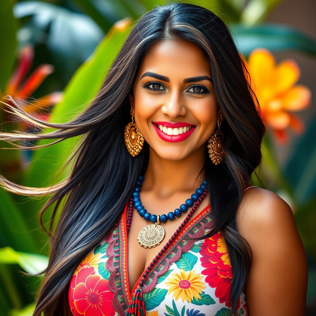 a striking portrait of a 37-year-old woman of Latin descent with long, flowing dark hair and warm brown skin, dressed in a vibrant, culturally inspired outfit that reflects her heritage, set against a lush, tropical background with bright colors, exuding confidence and vitality with a radiant smile that showcases her personality