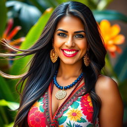 a striking portrait of a 37-year-old woman of Latin descent with long, flowing dark hair and warm brown skin, dressed in a vibrant, culturally inspired outfit that reflects her heritage, set against a lush, tropical background with bright colors, exuding confidence and vitality with a radiant smile that showcases her personality