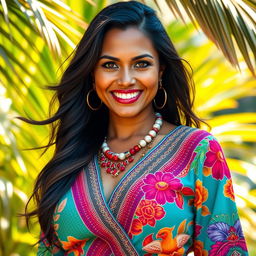 a striking portrait of a 37-year-old woman of Latin descent with long, flowing dark hair and warm brown skin, dressed in a vibrant, culturally inspired outfit that reflects her heritage, set against a lush, tropical background with bright colors, exuding confidence and vitality with a radiant smile that showcases her personality