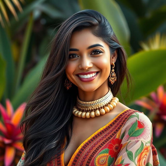 a striking portrait of a 37-year-old woman of Latin descent with long, flowing dark hair and warm brown skin, dressed in a vibrant, culturally inspired outfit that reflects her heritage, set against a lush, tropical background with bright colors, exuding confidence and vitality with a radiant smile that showcases her personality