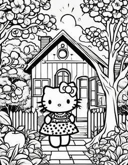 Black and white Hello Kitty themed colouring book page featuring Hello Kitty in a polka dot dress, surrounded by apple trees, a bow-shaped house, and a radiant sun