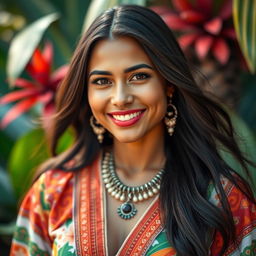 a striking portrait of a 37-year-old woman of Latin descent with long, flowing dark hair and warm brown skin, dressed in a vibrant, culturally inspired outfit that reflects her heritage, set against a lush, tropical background with bright colors, exuding confidence and vitality with a radiant smile that showcases her personality
