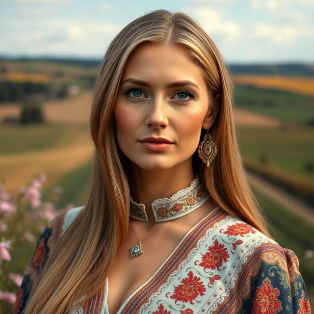 a stunning portrait of a 40-year-old woman of Slavic descent, featuring striking features such as high cheekbones and a strong jawline, long straight hair in a light shade, elegantly dressed in a traditional yet modern outfit that showcases her heritage, set against a picturesque countryside background with fields and blooming flowers, exuding confidence and grace, with a thoughtful expression that captures her character