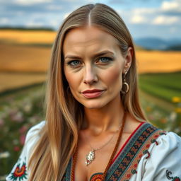 a stunning portrait of a 40-year-old woman of Slavic descent, featuring striking features such as high cheekbones and a strong jawline, long straight hair in a light shade, elegantly dressed in a traditional yet modern outfit that showcases her heritage, set against a picturesque countryside background with fields and blooming flowers, exuding confidence and grace, with a thoughtful expression that captures her character