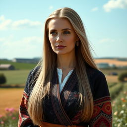 a stunning portrait of a 40-year-old woman of Slavic descent, featuring striking features such as high cheekbones and a strong jawline, long straight hair in a light shade, elegantly dressed in a traditional yet modern outfit that showcases her heritage, set against a picturesque countryside background with fields and blooming flowers, exuding confidence and grace, with a thoughtful expression that captures her character