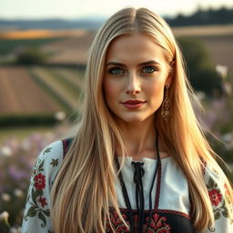 a stunning portrait of a 40-year-old woman of Slavic descent, featuring striking features such as high cheekbones and a strong jawline, long straight hair in a light shade, elegantly dressed in a traditional yet modern outfit that showcases her heritage, set against a picturesque countryside background with fields and blooming flowers, exuding confidence and grace, with a thoughtful expression that captures her character
