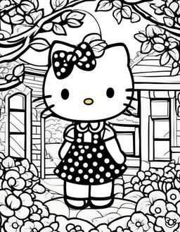 Black and white Hello Kitty themed colouring book page featuring Hello Kitty in a polka dot dress, surrounded by apple trees, a bow-shaped house, and a radiant sun