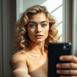A young blonde woman with curly hair taking a selfie in a confident and artistic pose, showcasing her natural beauty