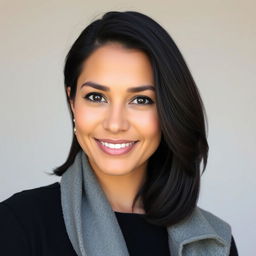 a portrait of a 35-year-old woman of Latin American descent, with shoulder-length dark hair and warm brown skin, wearing simple yet stylish clothing that emphasizes her natural beauty, set against a neutral background to keep the focus on her expressive features, exuding a sense of calm confidence and approachability with a gentle smile