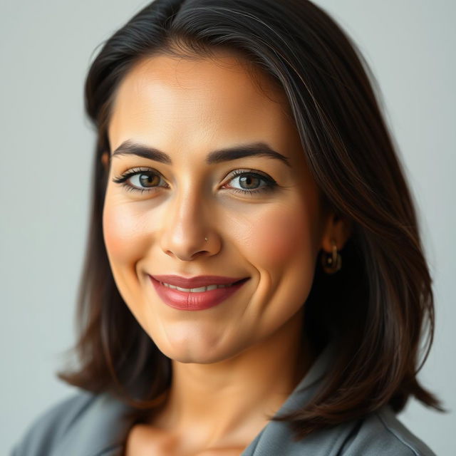 a portrait of a 35-year-old woman of Latin American descent, with shoulder-length dark hair and warm brown skin, wearing simple yet stylish clothing that emphasizes her natural beauty, set against a neutral background to keep the focus on her expressive features, exuding a sense of calm confidence and approachability with a gentle smile