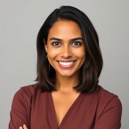 a portrait of a 35-year-old woman of Latin American descent, with shoulder-length dark hair and warm brown skin, wearing simple yet stylish clothing that emphasizes her natural beauty, set against a neutral background to keep the focus on her expressive features, exuding a sense of calm confidence and approachability with a gentle smile