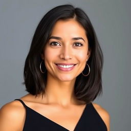 a portrait of a 35-year-old woman of Latin American descent, with shoulder-length dark hair and warm brown skin, wearing simple yet stylish clothing that emphasizes her natural beauty, set against a neutral background to keep the focus on her expressive features, exuding a sense of calm confidence and approachability with a gentle smile