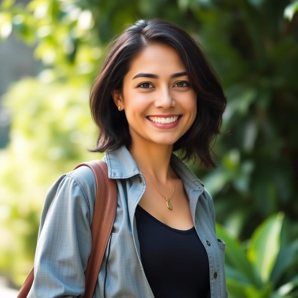 A 35-year-old woman with dark hair and a Latin appearance, dressed in casual yet stylish clothing