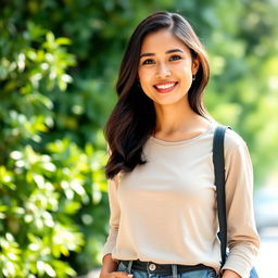 A 35-year-old woman with dark hair and a Latin appearance, dressed in casual yet stylish clothing