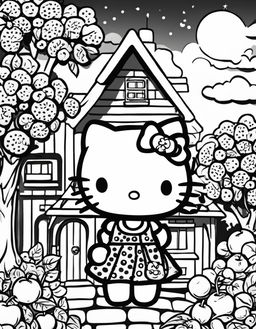 Black and white Hello Kitty themed colouring book page featuring Hello Kitty in a polka dot dress, surrounded by apple trees, a bow-shaped house, and a radiant sun